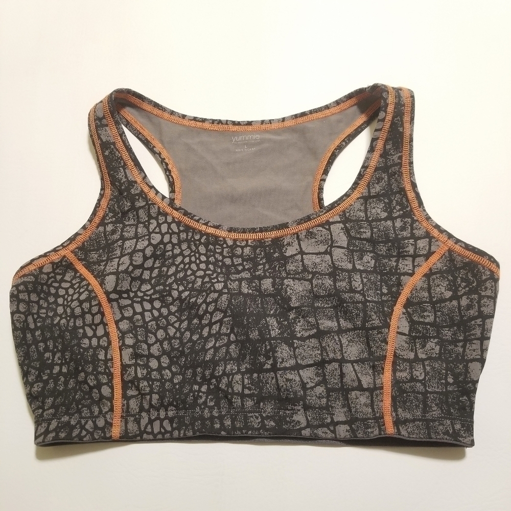 Yummie Heather Thomson gray black orange reptile print light support sports bra - Picture 2 of 6